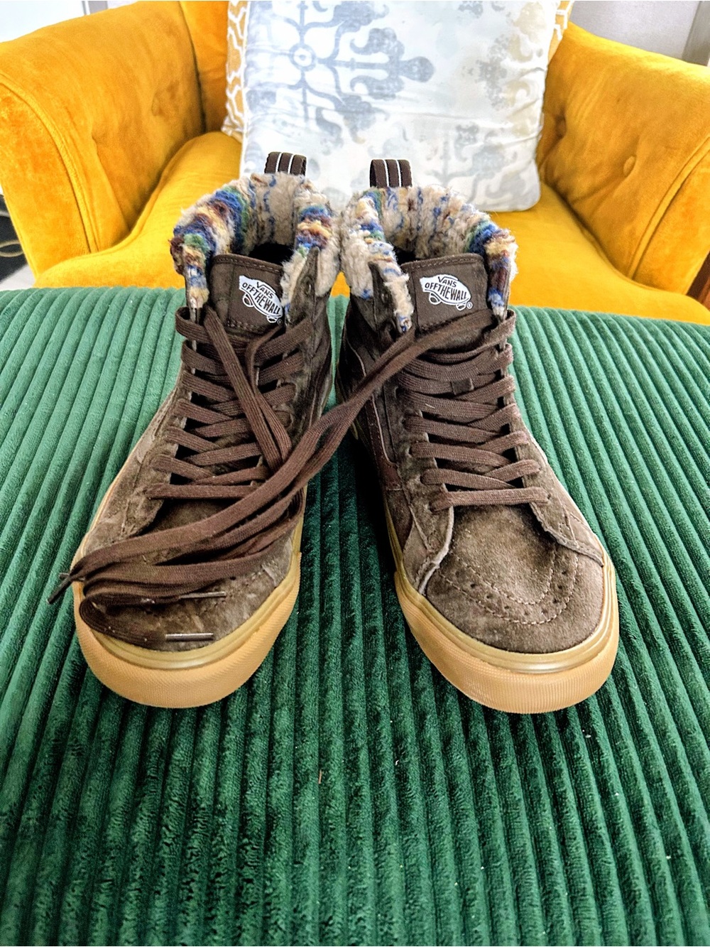 Vans Brown Suede High-Top Sneakers with Multicolor Sherpa Collar